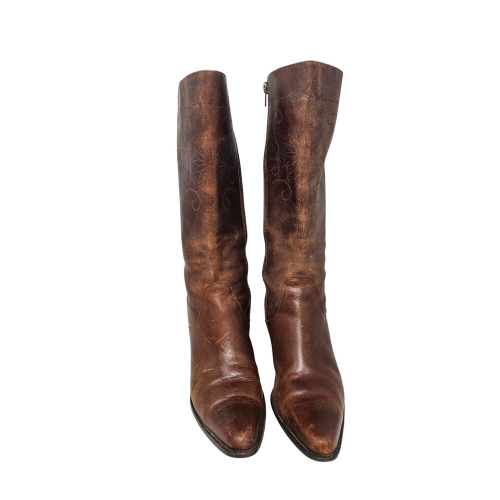 Vintage Matisse 8 Brown Leather Stitched Boot Western Boho Zip Up Flower - Picture 5 of 9